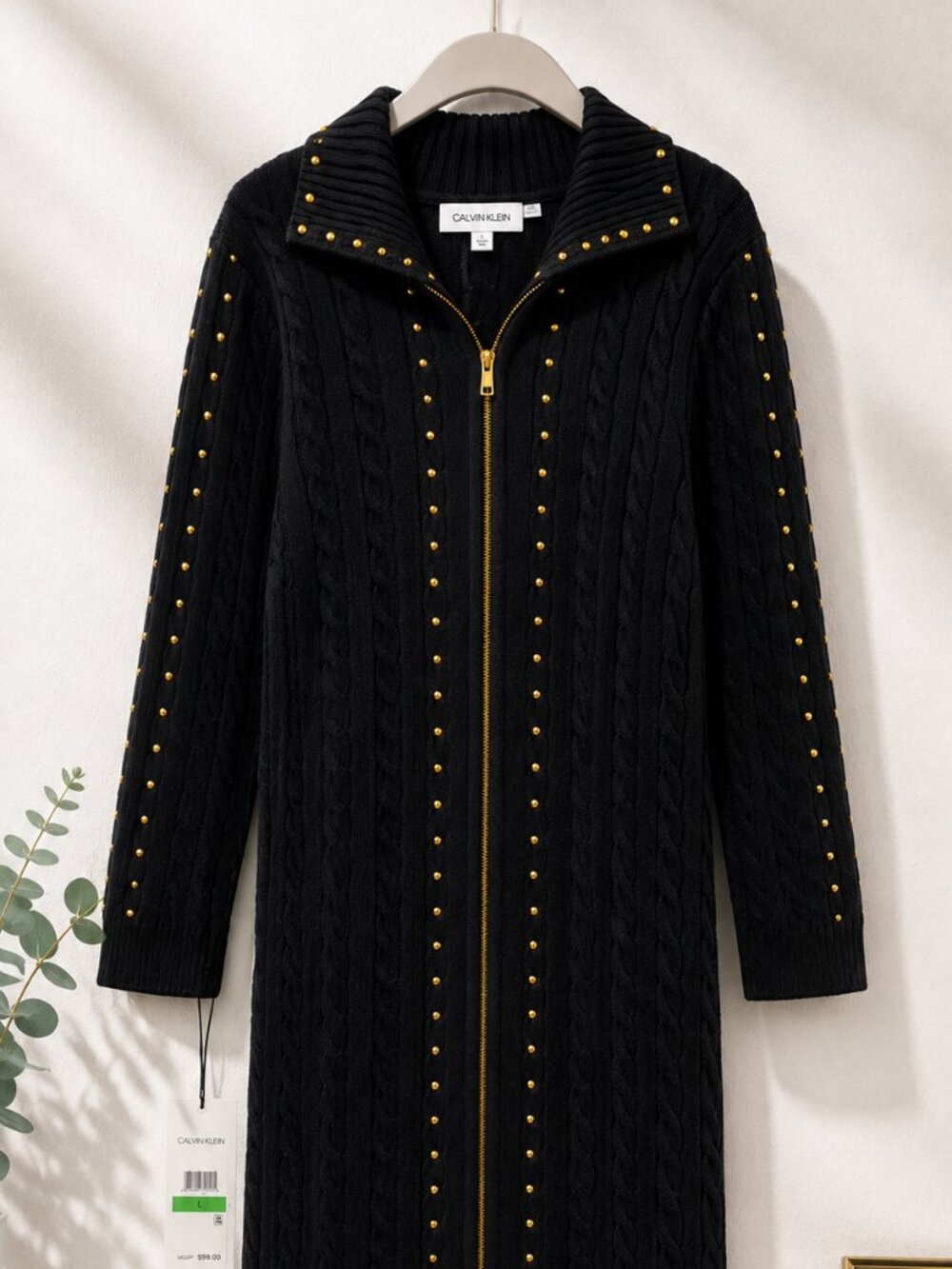 Calvin Klein gold studded zip front black sweater dress size large